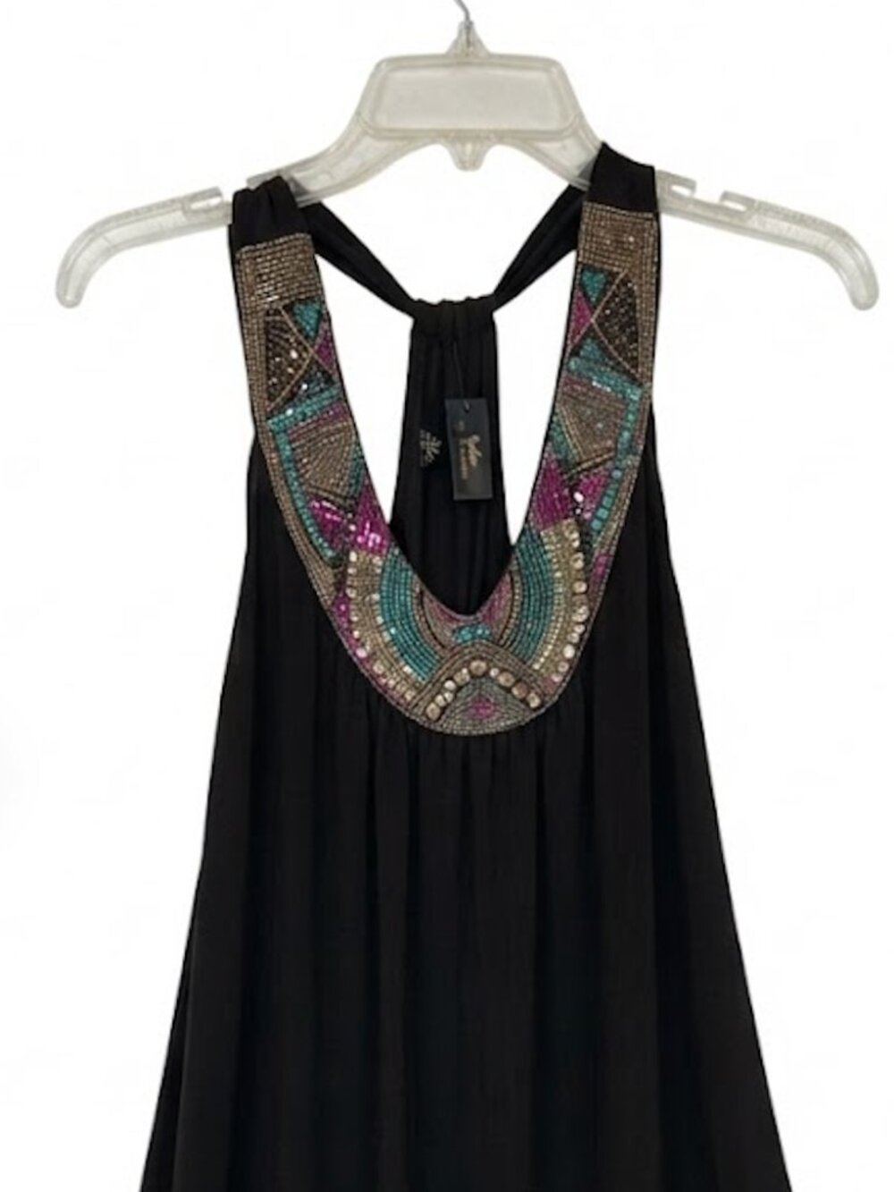 Byer California NWT Vintage Black Embellished Beaded ITY Halter Dress